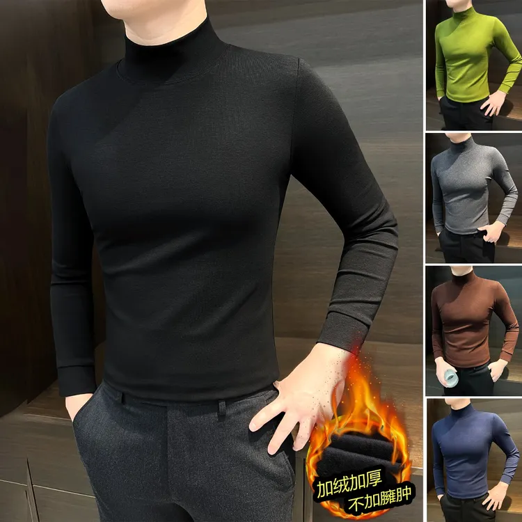 半高领加绒长袖t恤男款爆款2025新款休闲男装内搭修身男士打底衫
