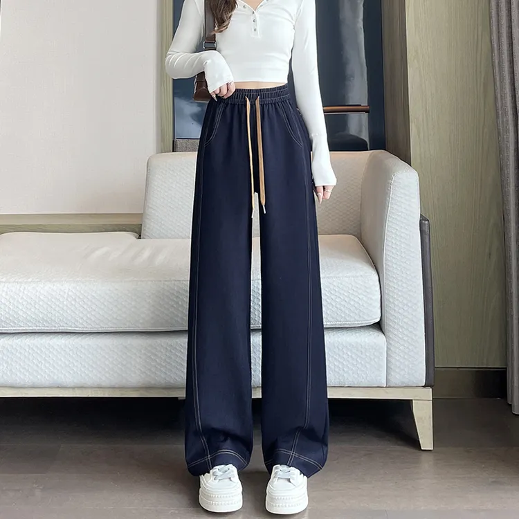 丹宁蓝阔腿牛仔裤女2025秋秋新款高腰显瘦宽松垂感拖地裤显瘦裤子