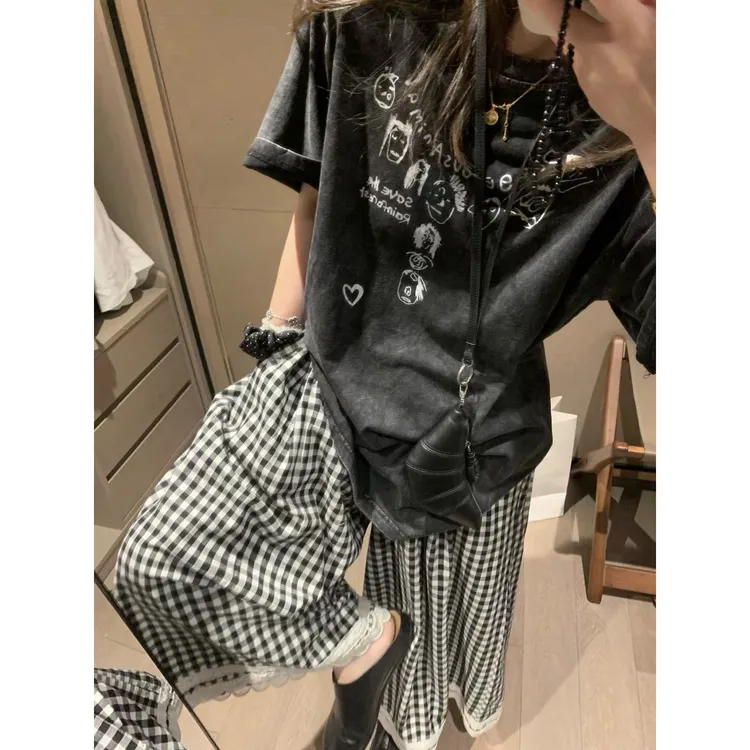 SP白色涂鸦圆领t恤女夏季宽松显瘦百搭短袖上衣服 休闲复古小众