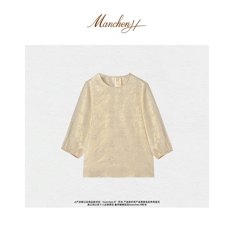 曼辰manchenh"金丝花瑶"重磅提花金丝桑蚕丝圆领上衣