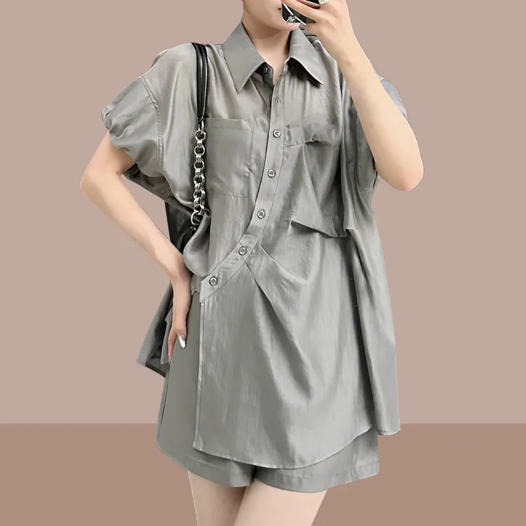 时尚休闲套装女欧洲站2025夏季新款设计感衬衫短袖短裤气质两件套