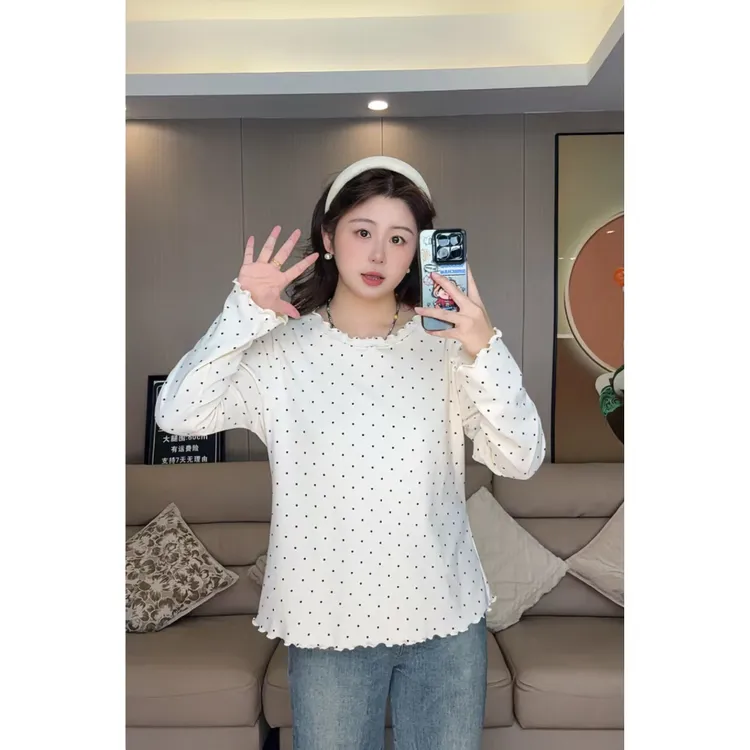 胖妹妹长袖女波点韩式白色波点女士T恤蕾丝宽松休闲时尚227