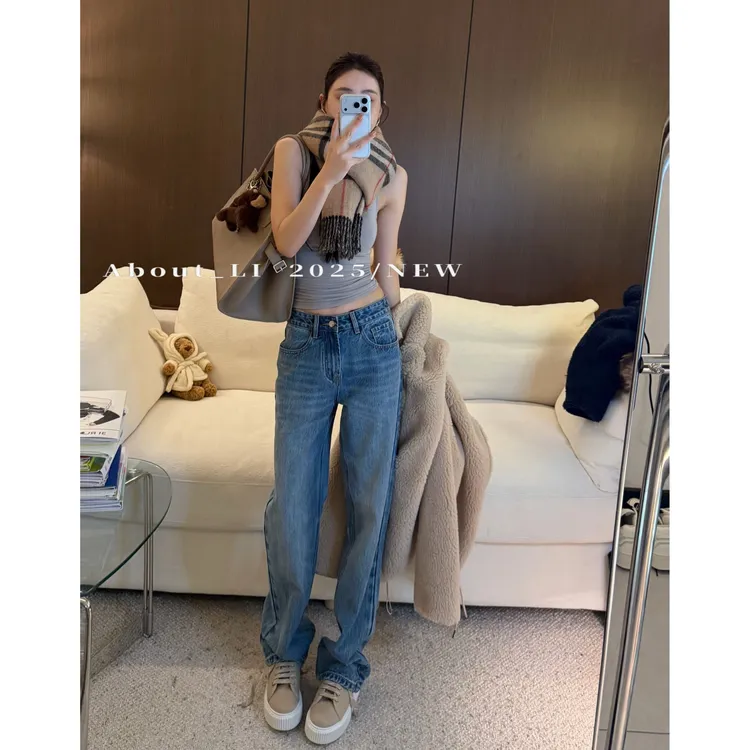 【YUAN LI】万年经典百搭小直筒高腰浅蓝色水洗牛仔裤