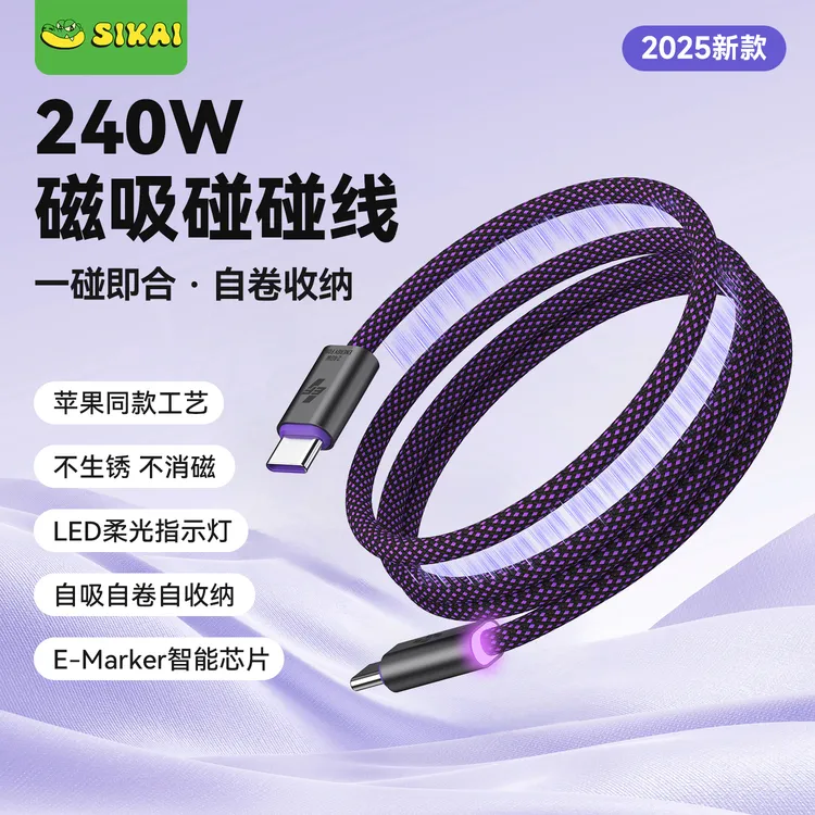 sikai240w磁吸碰碰线适用苹果华为小米超级快充自收纳伸缩贴贴线