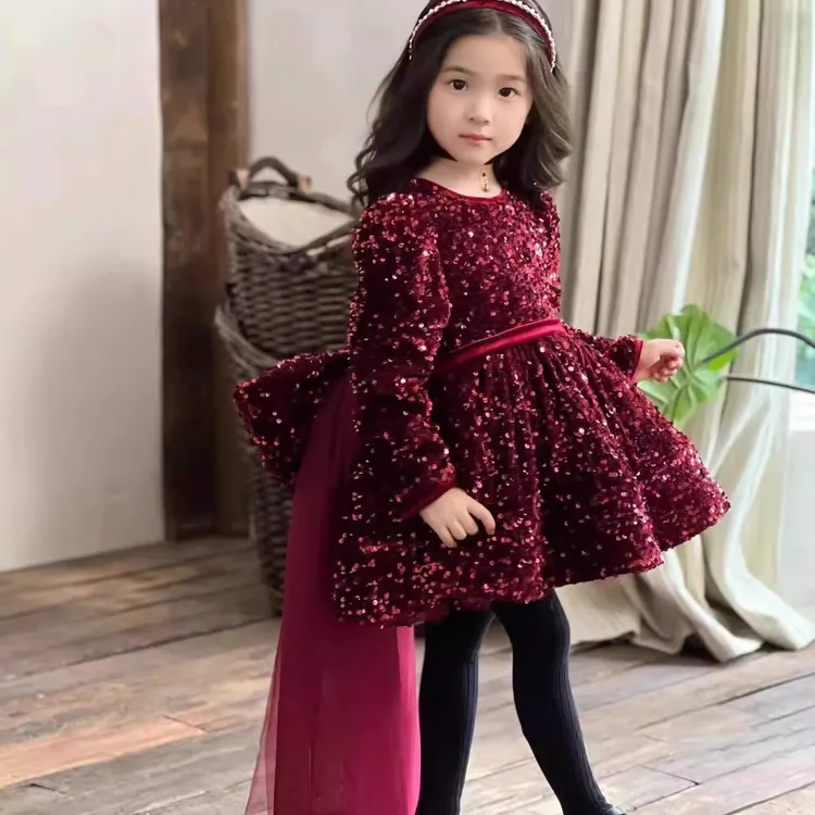 秋冬爆闪亮片裙女童公主裙重工小女孩生日裙蝴蝶结拖尾网纱小礼服