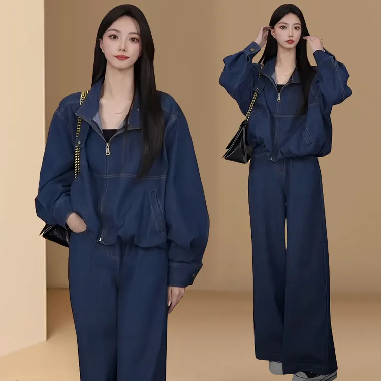 时尚气质复古套装女2025春秋新款宽松显瘦夹克上衣阔腿裤两件套潮