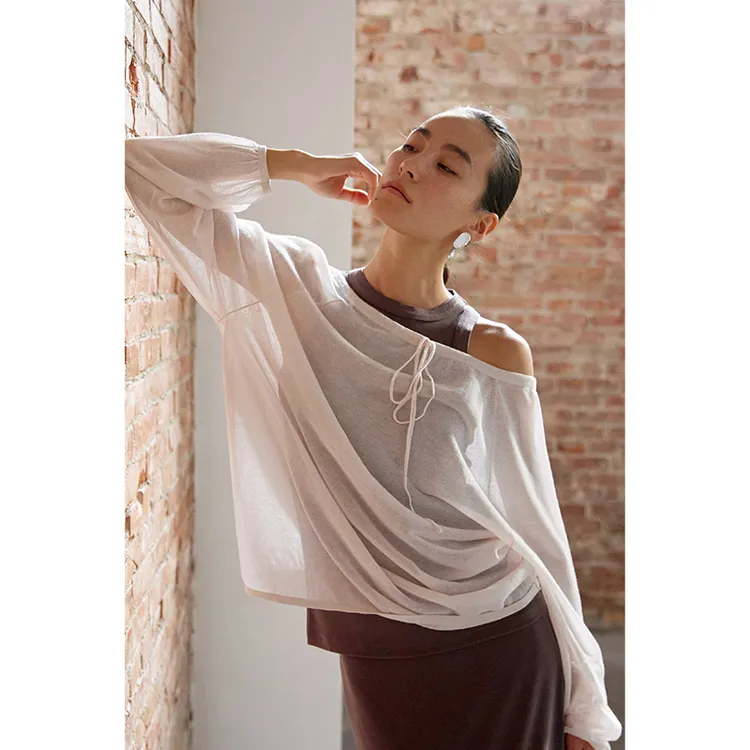 HERLAND她地【云岫】慵懒松弛廓形长袖针织衫女夏透气圆领外穿上衣