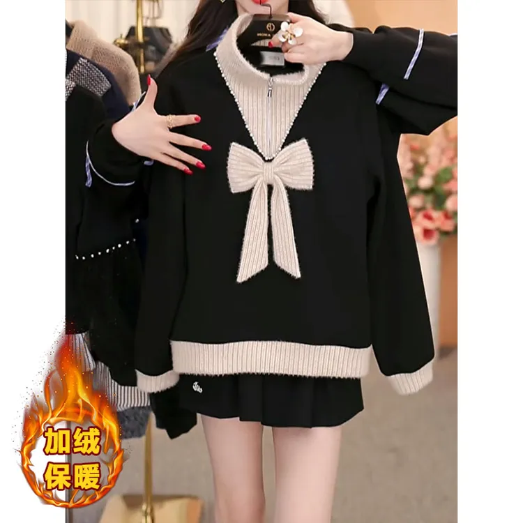 法式洋气蝴蝶结立领卫衣女2025秋冬新款设计款宽松加绒保暖上衣潮