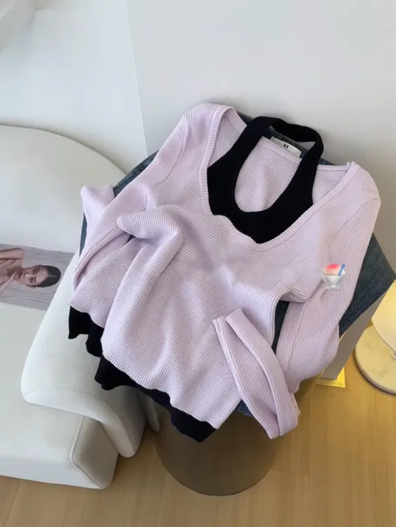 挂脖设计露锁骨性感睡衣女减龄假两件长袖加厚针织衫上衣女可外穿