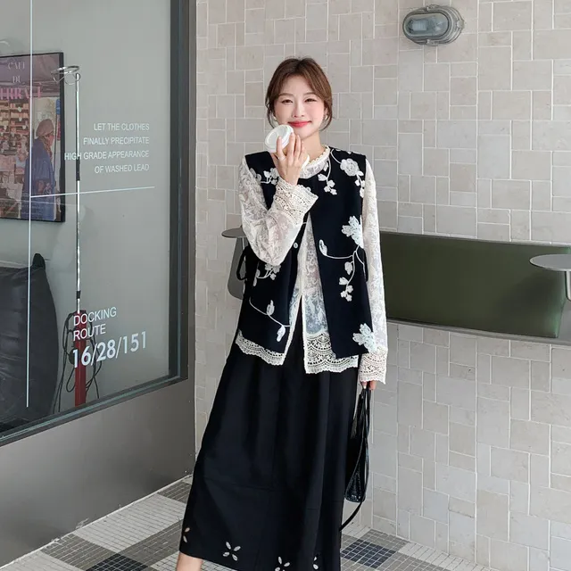 黑色高级感精美刺绣马甲套装裙女秋季2025年新款高腰半身裙两件套