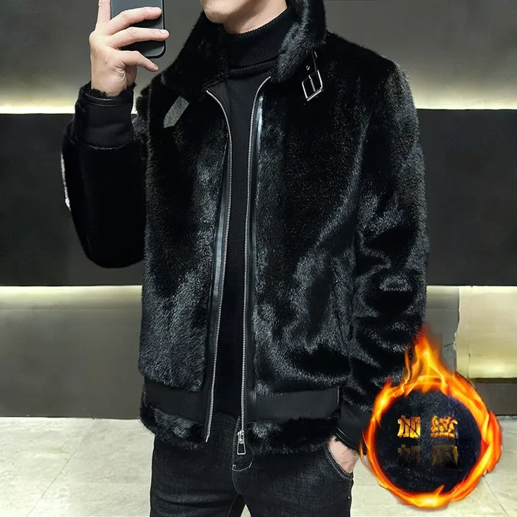 RAMEROBUDEN/卢密洛布登男秋冬翻领拉链开衫皮毛一体保暖夹克上衣