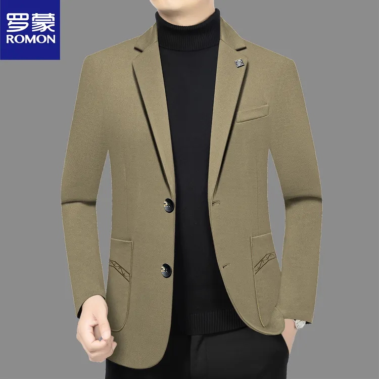 Romon/罗蒙春秋款高档男士休闲西装外套中年纯色商务修身西服男装