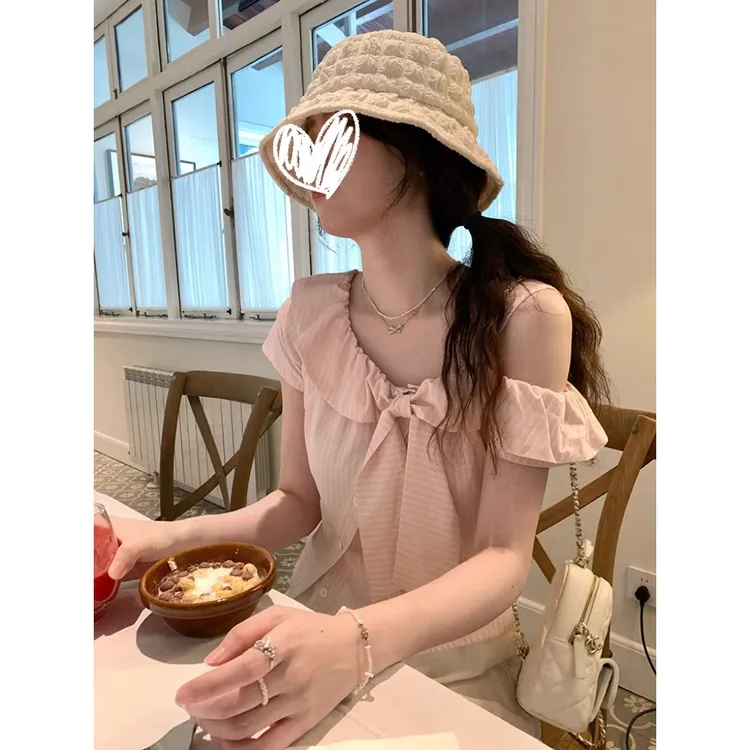 FRVXO樱花盐汽水粉色条纹露肩短袖衬衫夏季减龄甜美上衣女