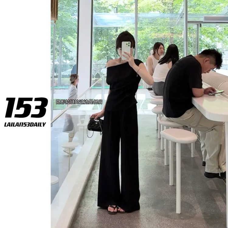 【153的日常】清冷斜肩套装小个子女生通勤两件套夏季薄款25XK1005