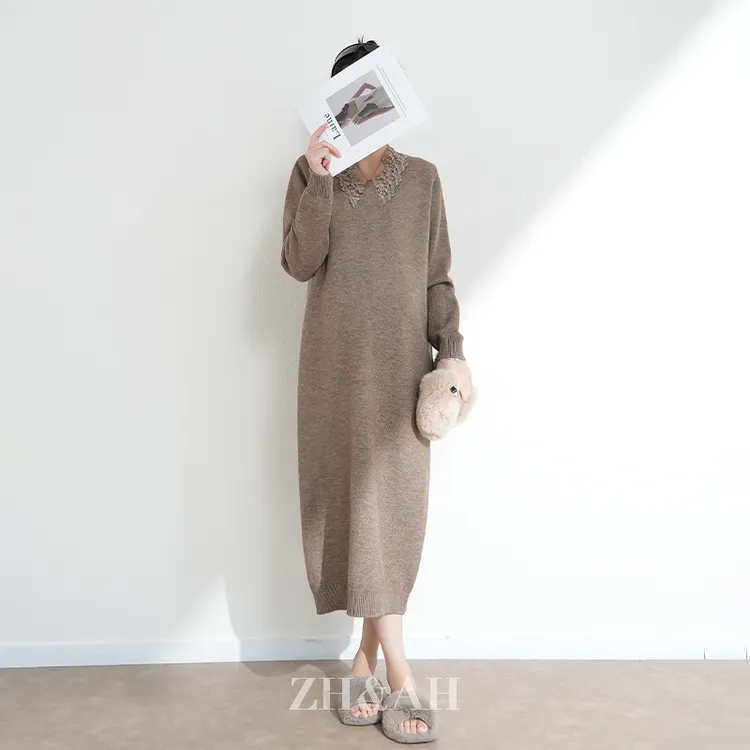 ZH&AH【月下花语】冬季新款时尚气质百搭设计感孕期蕾丝拼接毛衣裙