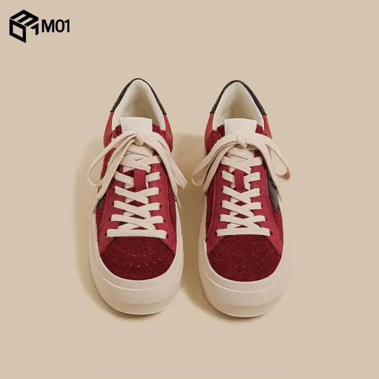 M01秋冬季新款厚底帆布鞋女红色网红复古运动小白鞋低帮休闲板鞋