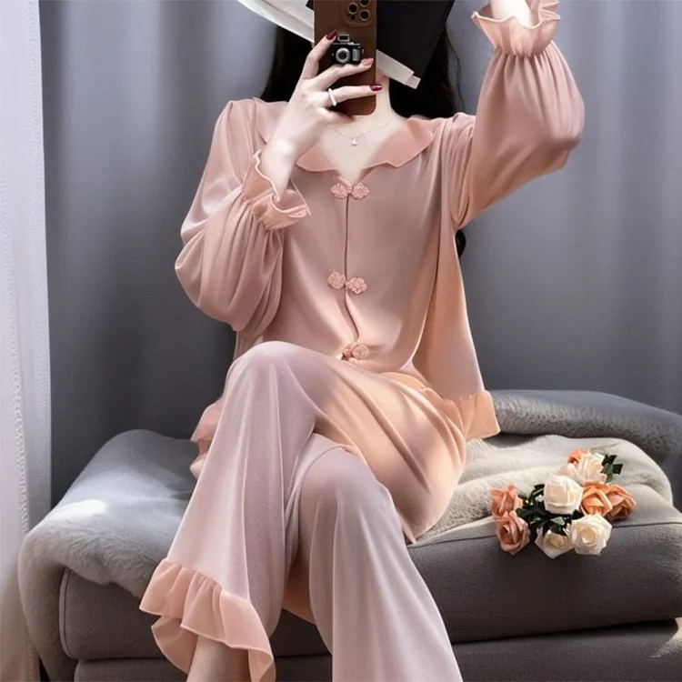 新疆西藏包邮丝绒睡衣女春秋小翻领花边荷叶边粉色套家居服外穿冬