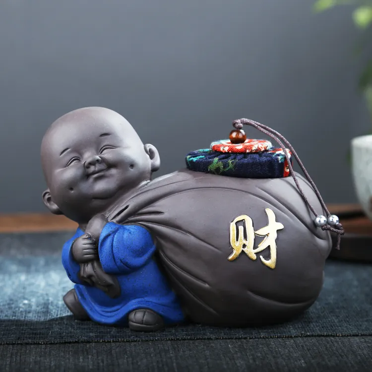 紫砂茶叶罐小和尚粗陶密封罐陶瓷红茶普洱小号储存物罐家用醒茶罐