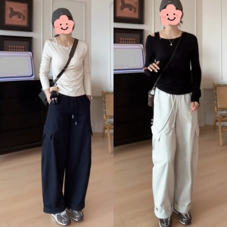 早秋通勤斜肩侧腰抽褶长袖T恤+裤脚翻边抽绳系带工装裤LK2505668