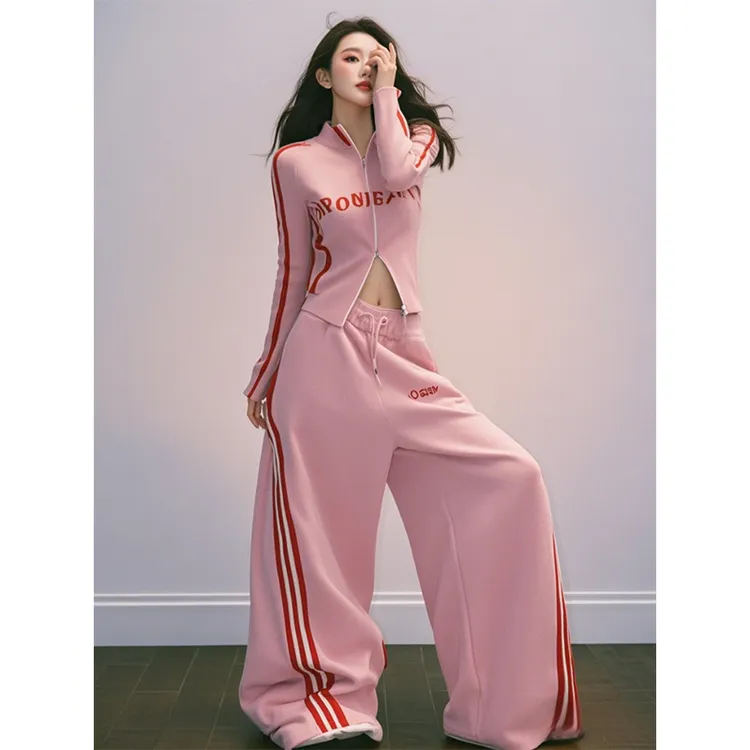 美式显瘦休闲运动套装女春秋季时尚减龄粉色上衣阔腿裤两件套洋气