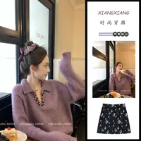 翻领紫色气质毛衣秋季新款韩系小众宽松软糯针织衫碎花短裙两件套