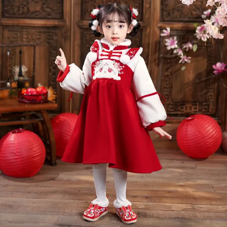 汉服女童新款新年衣服儿童中国风加绒唐装过年宝宝宝宝裙加厚礼服