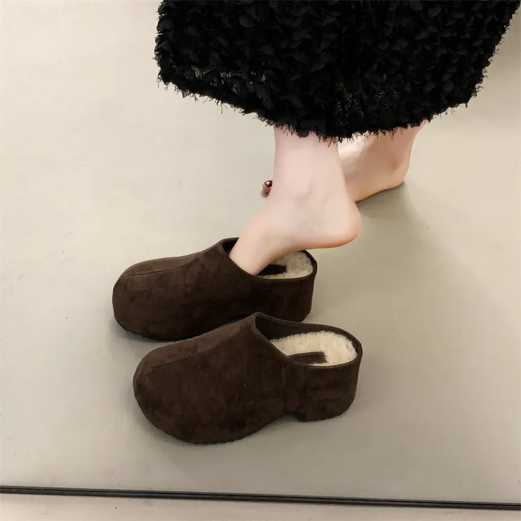 厚底加绒勃肯毛毛棉鞋包头半拖女外穿秋冬新款显高半托雪地靴鞋子
