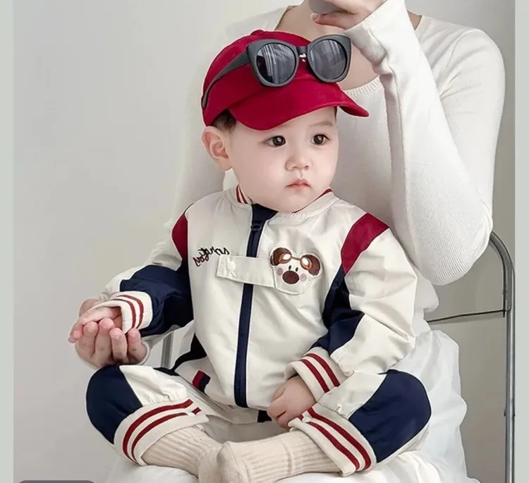 冲锋棒球风双层长袖柔软透气亲肤无帽春秋款连体衣爬服