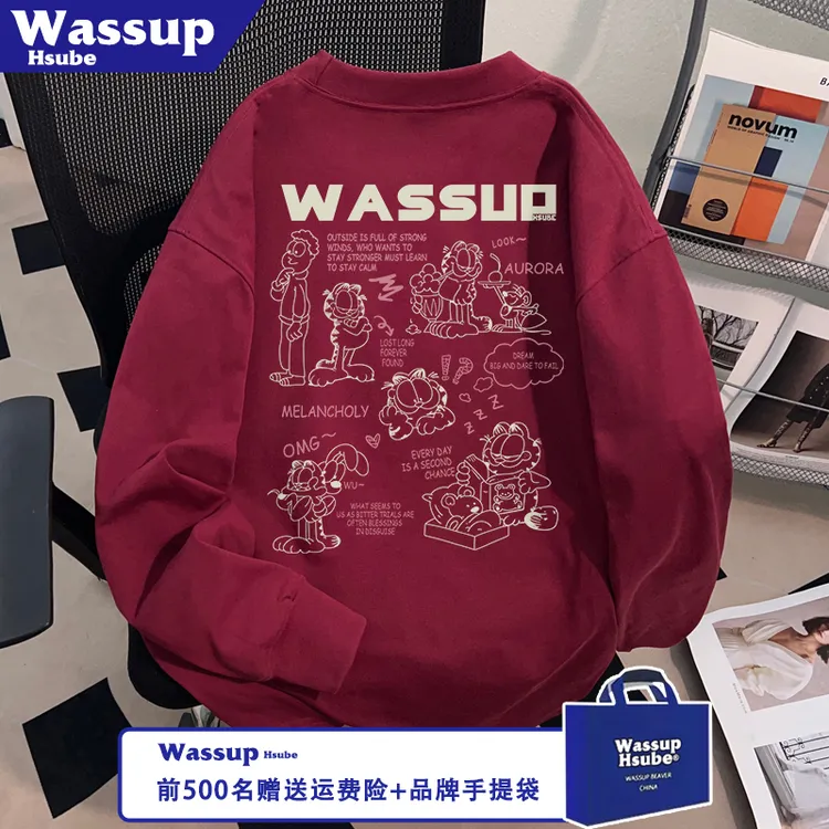 WASSUP小众男女款纯棉长袖ins趣味风加菲猫印花T恤秋季酒红色上衣