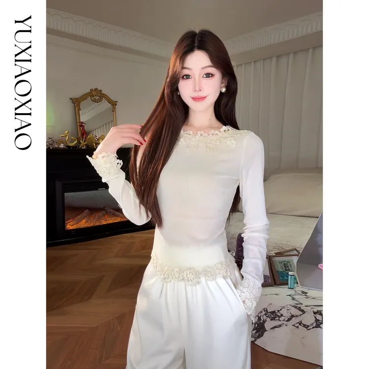 余潇潇【晨曦花环】精致显瘦高级感手工缝珠立体贴花丝绒打底上衣