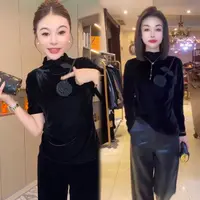 2025秋季新款洋气高级感重工艺一枝花衫半高领丝绒上衣打底衫衬衫