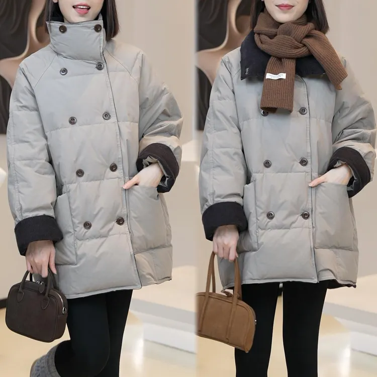 时尚韩系百搭立领棉衣外套女2025冬季新款撞色拼接双排扣保暖棉服