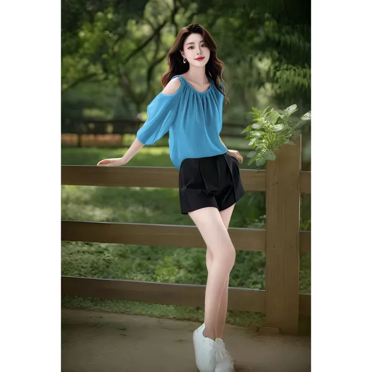 淑女气质上衣挖肩设计高级感短袖雪纺衬衫两件套装女2025新款夏季
