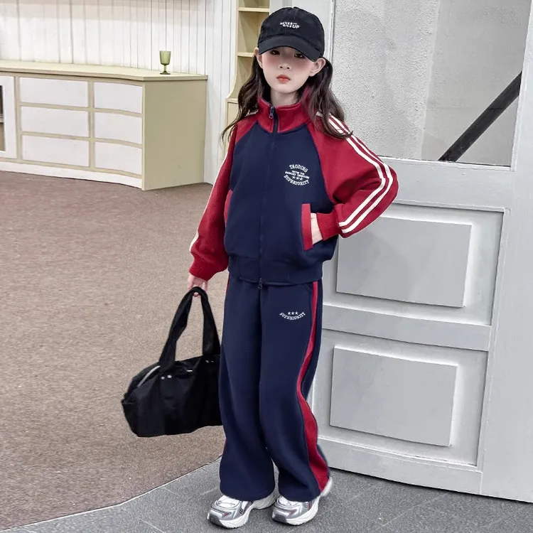 女童插肩袖套装秋装2025新款韩版儿童女孩拼色外套阔腿裤两件套潮