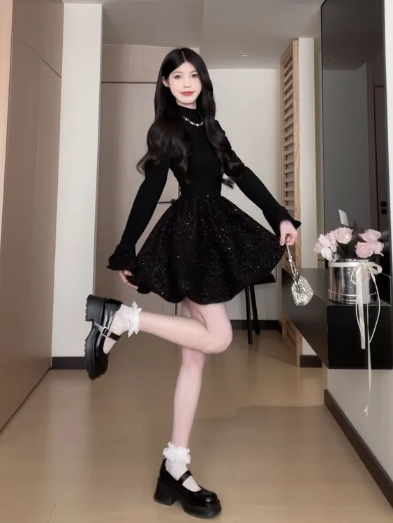 清仓85-86贵气掐腰小黑裙气质连衣裙秋冬显瘦长袖B244Q2450