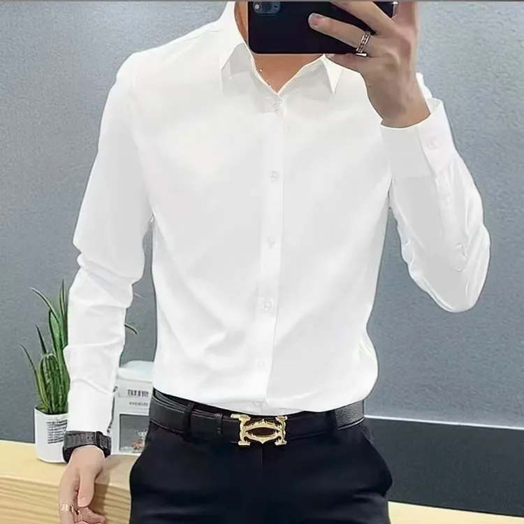 高端春秋季衬衫长袖男士休闲修身正装高级纯色韩版商务黑色结婚