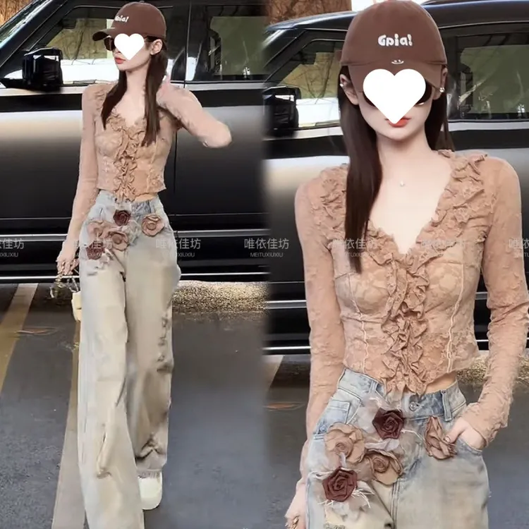 时尚一整套V领木耳边蕾丝百搭短款上衣花朵水洗做旧