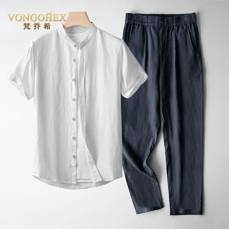 VONGOHEX亚麻短袖套装衬衫男夏季薄款立领棉麻中式休闲套装长裤子