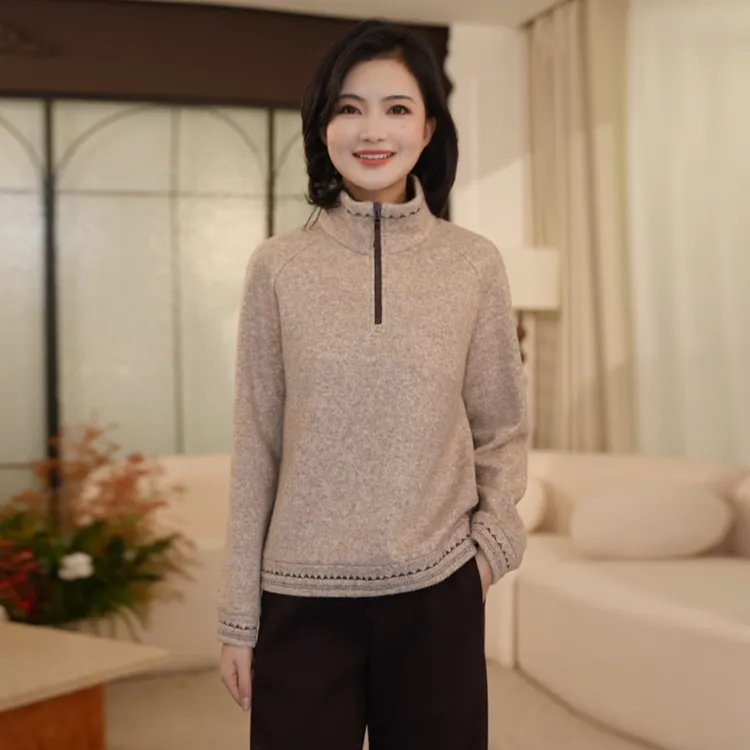 枫竺阿楠anan撞色半拉链立领绣花加绒加厚短款卫衣女冬季保暖上衣