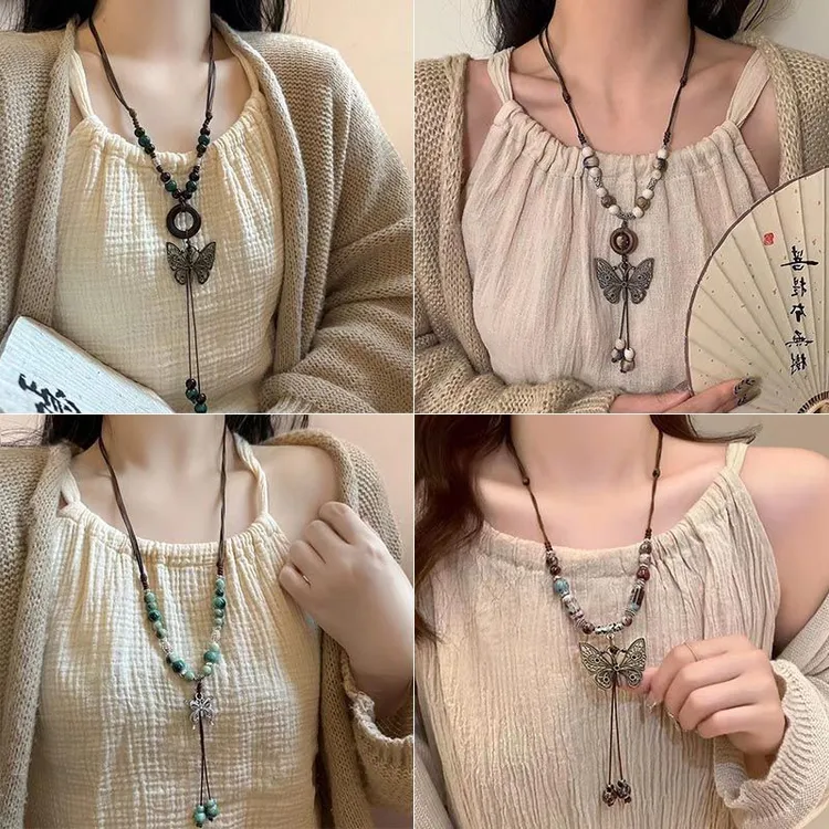 合金项链 中式禅意~民族风陶瓷串珠蝴蝶项链女新中式国风锁骨链