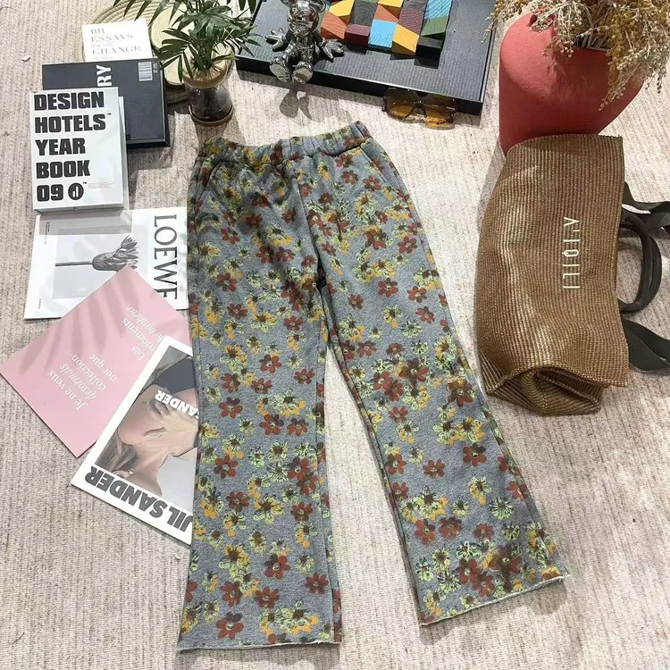 2025冬季新款韩版百搭加绒加厚碎花八分裤休闲裤5368