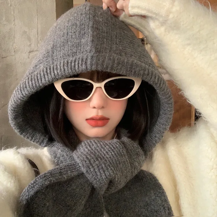 巴拉克拉法帽灰色针织帽子围巾一体女秋冬保暖护颈加厚护耳毛线帽