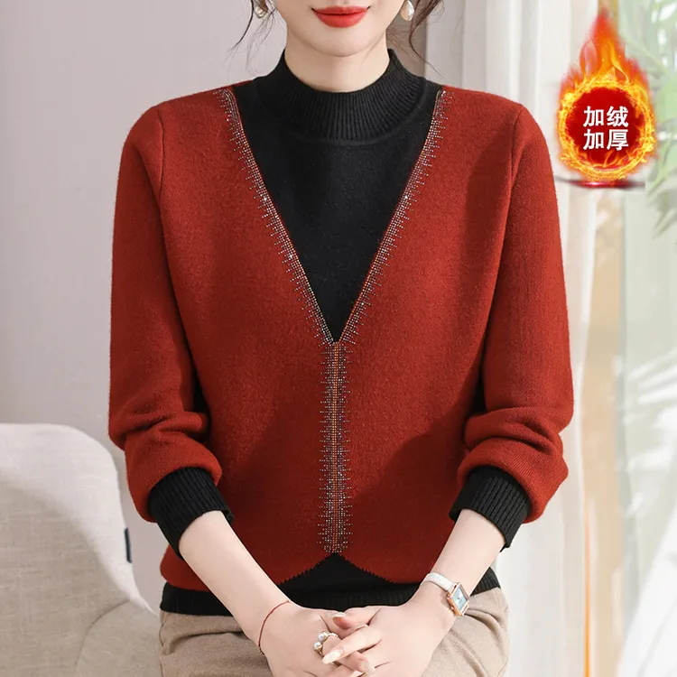妈妈装秋冬加绒保暖毛衣气质中老年女士春秋长袖针织半高领打底衫