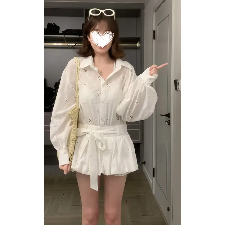 【浪漫遐想】绑带收腰长袖衬衫裙裤女春镂空设计短款内搭吊带女