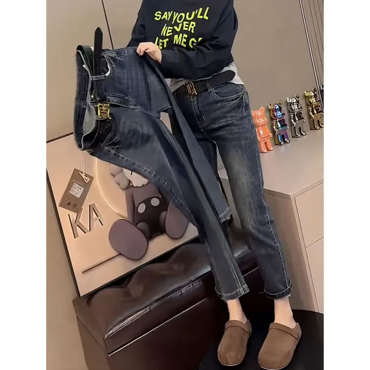 大码小个子高腰显瘦直筒九分烟管裤秋季新款时尚百搭深蓝牛仔裤女