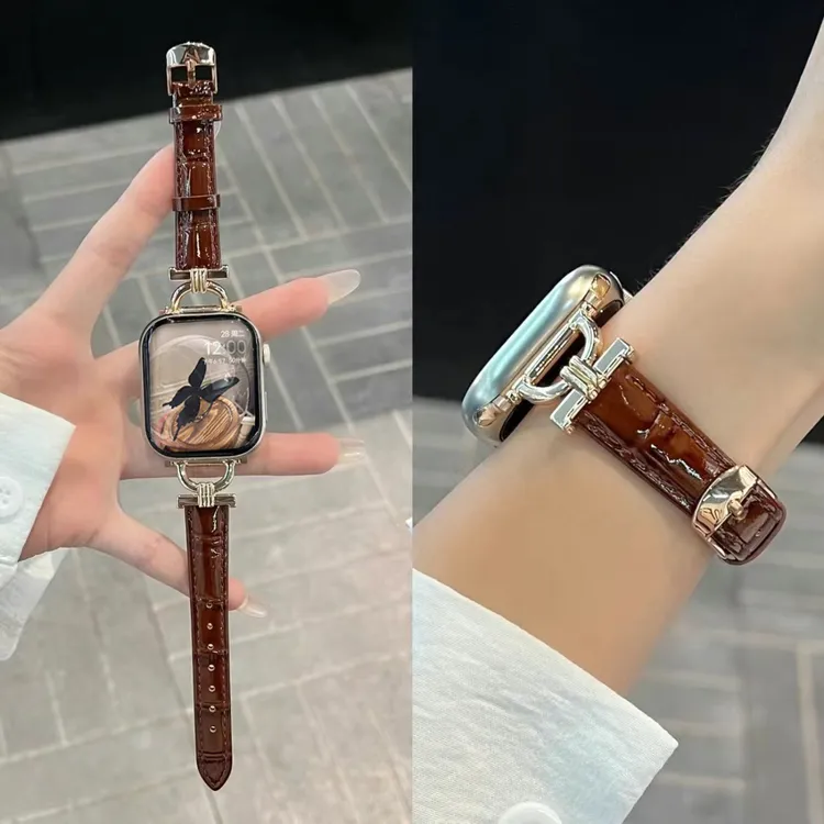 适用iwatch S11苹果手表鳄鱼纹真皮皮质表带Applewatch10秋冬女款