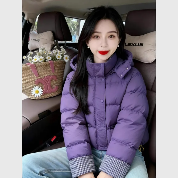 2025秋冬紫色短款棉服女小个子超好看冬装厚外套时尚百搭保暖棉服