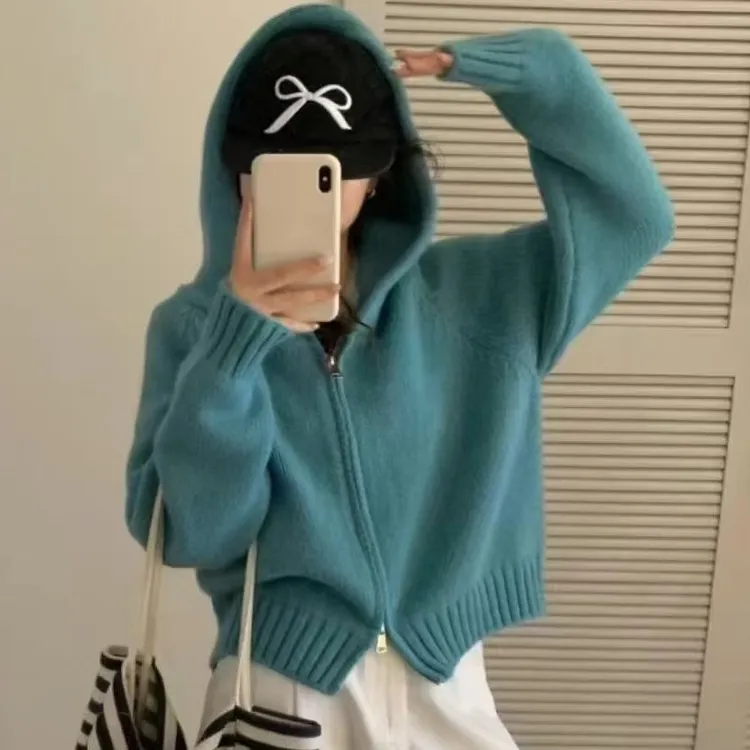 小个子宽松连帽毛衣开衫女秋冬新款纯色韩系短款双拉链针织上衣潮