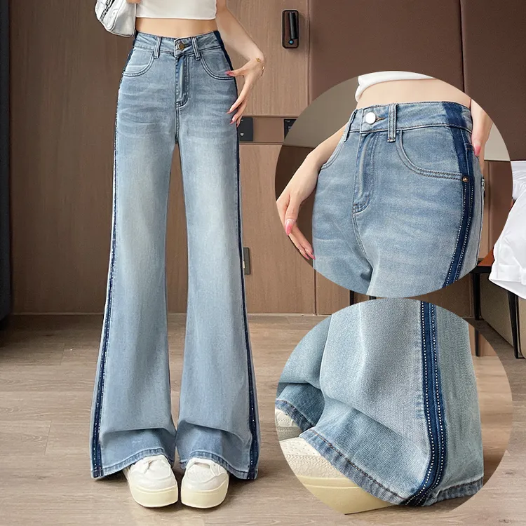 烫钻微喇牛仔裤女夏季薄款2025年新款莱赛尔天丝显瘦百搭喇叭长裤