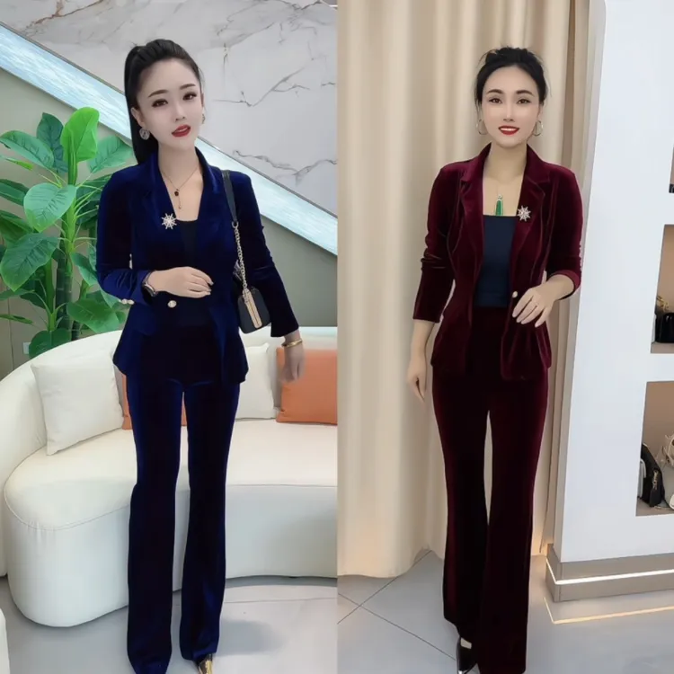 金丝绒西装时尚气质修身女神两件套高级喇叭裤显瘦显高下单送胸针